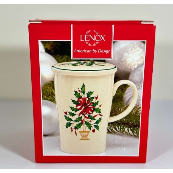 Lenox Coffee Mug With Lid - Warmest Wishes Christmas Holiday Holly Bush w/Bow - Picture 6 of 7